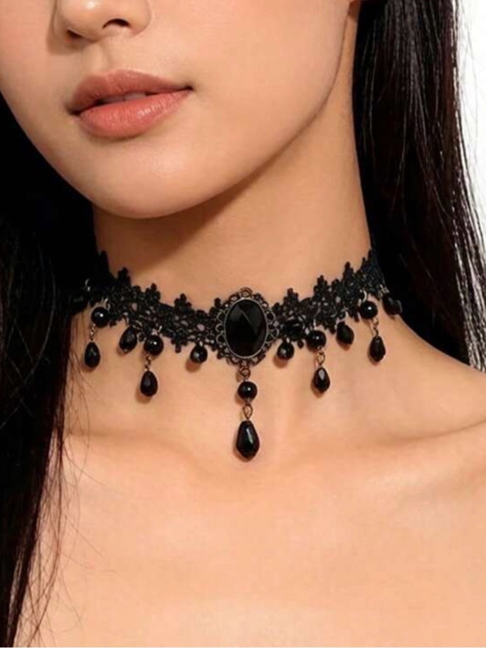 Black Lace Gothic Choker Necklace with Teardrop Pendants